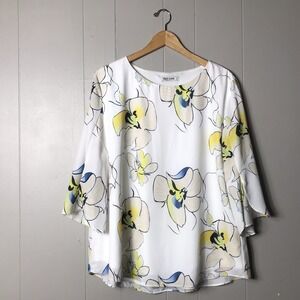 GRACE KARIN WHITE BOLD HIBISCUS PRINT LINED BLOUSE SPLIT SLEEVE WOMENS SIZE 2XL